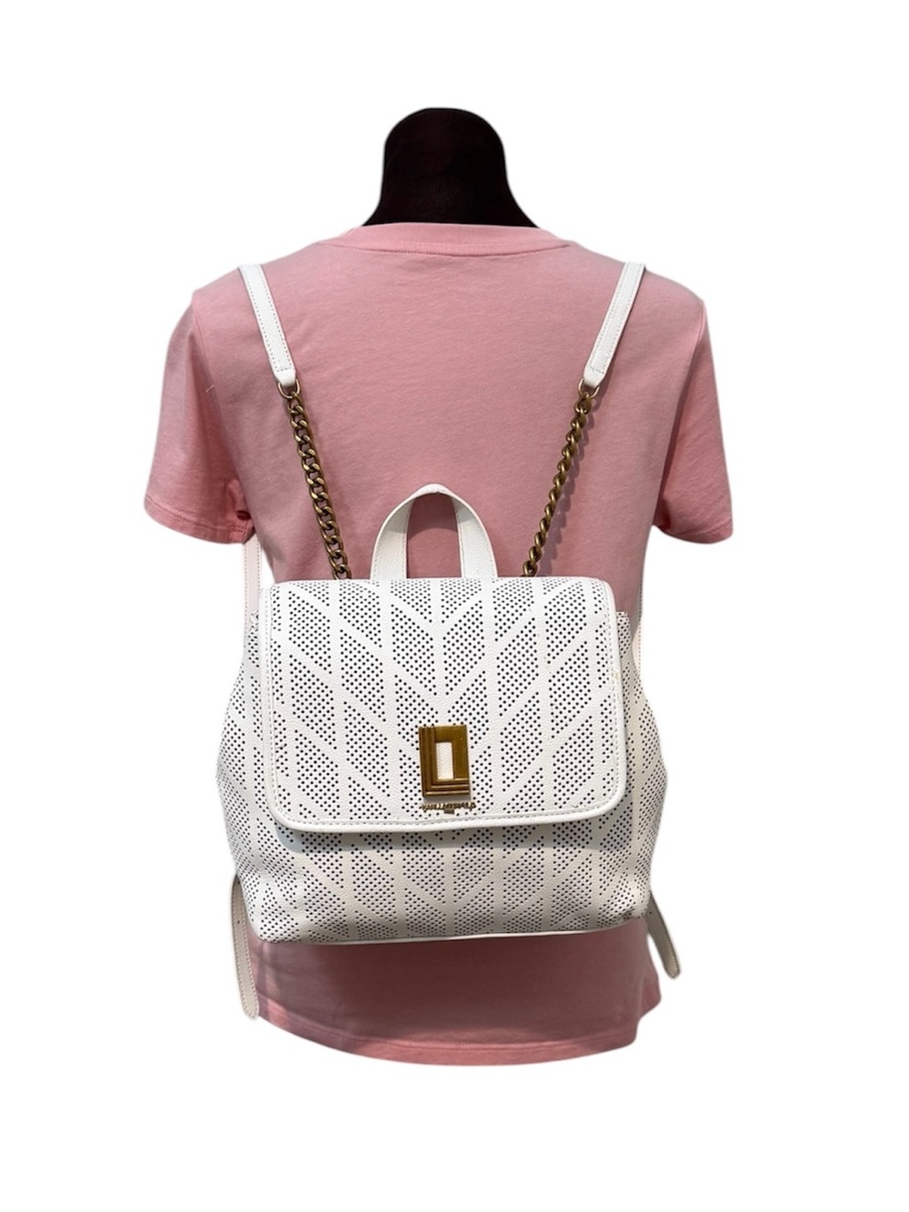 Karl Lagerfeld Paris Lafayette White Leather Backpack Gold Chains